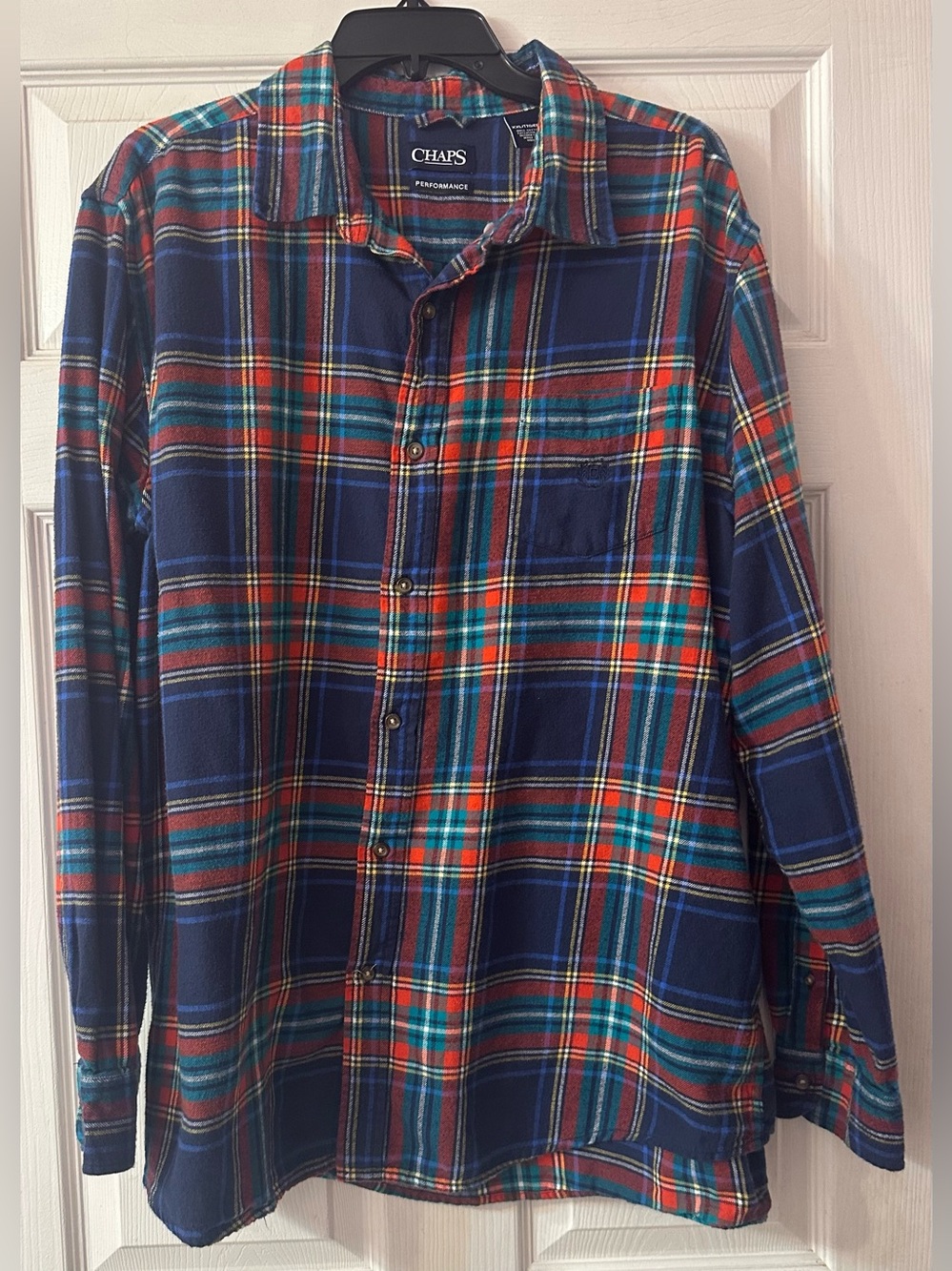 Chaps Performance Men’s XXL Plaid Flannel Shirt Navy Red Green 100% Cotton